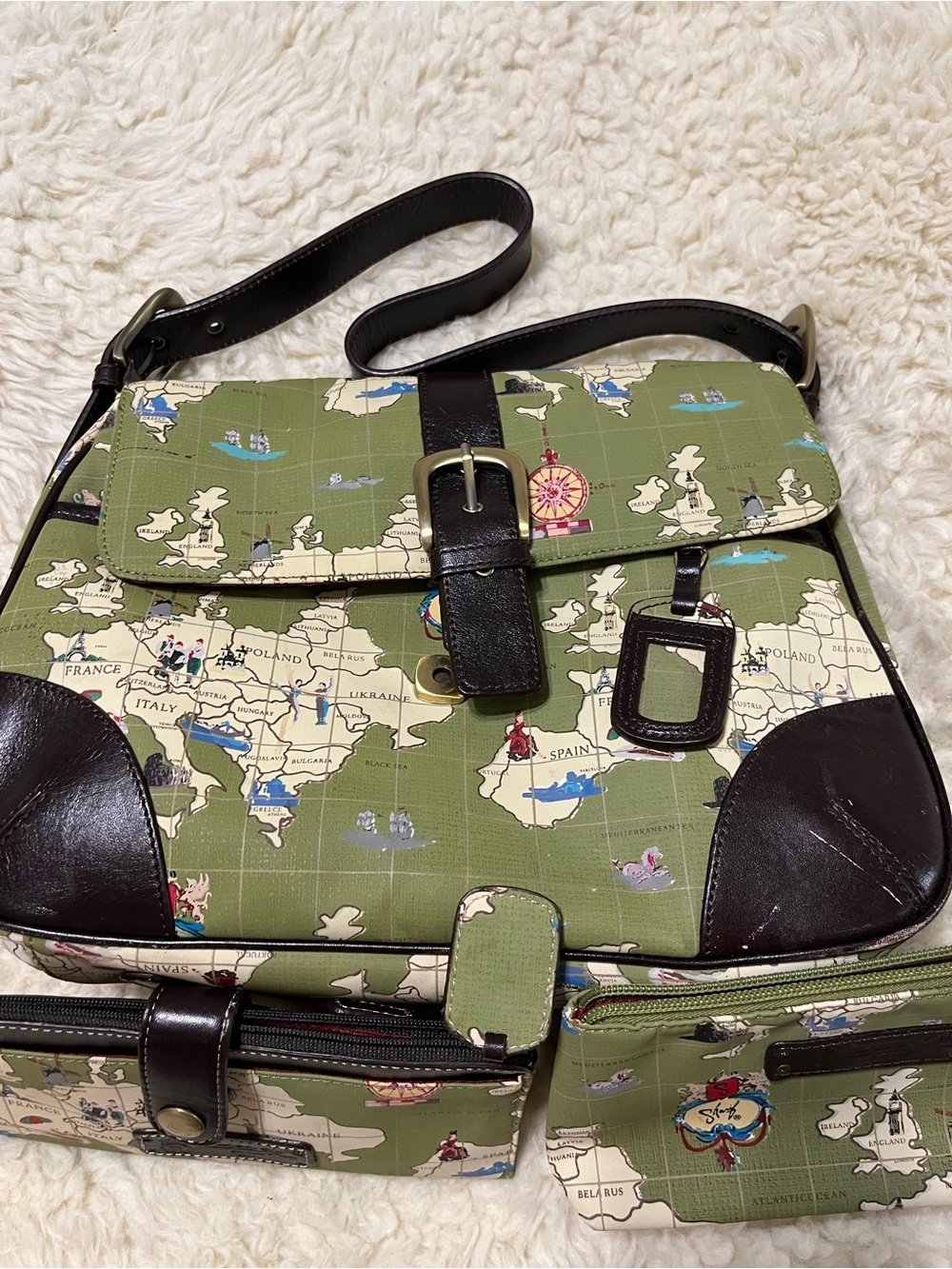 Sharif Green Map-Print Shoulder Bag with Dark Brown Trim